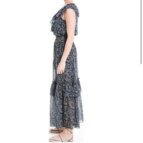 MAX STUDIO Navy Blue Floral Ruffled Georgette V-Neck Sleeveless Maxi Dress - Picture 8 of 9